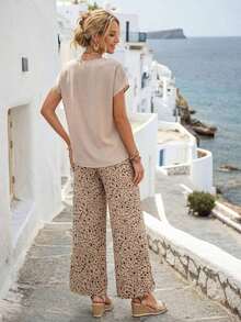 2 piezas Conjunto casual de mujer con pantalones rectos de cuello redondo y manga corta en colores contrastantes con estampado ditsy floral, para primavera/verano - Multicolor 2 - Ver 4