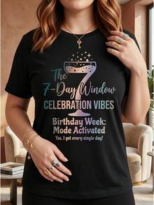 Camiseta de verano para mujer, 1 pieza, con estampado gr£fico "Celebration Vibes" para la semana de cumpleaos, de ajuste holgado, cuello redondo, manga corta, top casual, regalos de festividades, camiseta pura de uso diario, camiseta de verano elegante y de moda, top transpirable - Negro - Ver 2