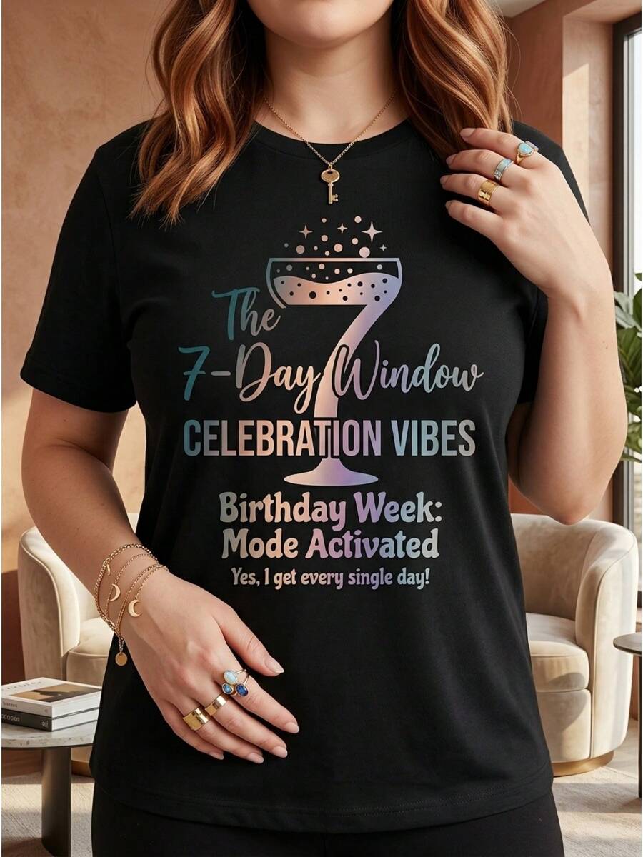 Camiseta de verano para mujer, 1 pieza, con estampado gr£fico "Celebration Vibes" para la semana de cumplea￱os, de ajuste holgado, cuello redondo, manga corta, top casual, regalos de festividades, camiseta pura de uso diario, camiseta de verano elegante y de moda, top transpirable
