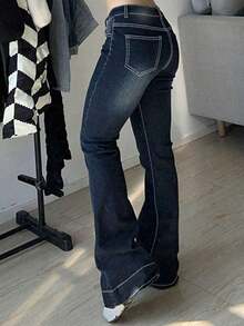 Jeans acampanados de tiro bajo casuales de mezclilla estilo streetwear Y2K para mujer, de vuelta a la escuela, otoño y primavera - Azul - Ver 3