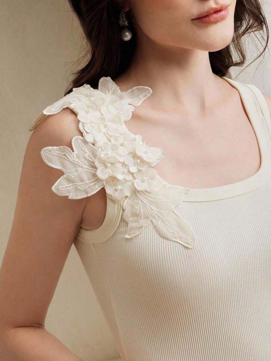 Camiseta de punto de costilla con bordado, de ajuste ceñido, de moda - Beis - Ver 1