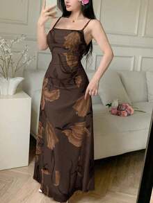 Vestido de verano casual de tirantes con cuello drapeado, cintura fruncida y estampado de malla para mujer - Cafetería - Ver 6