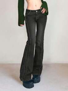Jeans acampanados con bolsillos para mujer, estilo casual de otoño y primavera - Gris Oscuro - Ver 2
