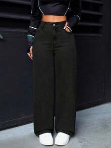 PETITE Jeans rectos de pierna suelta y lavados para mujer - Negro 2 - Ver 3