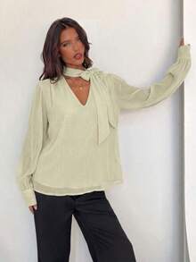 Blusa elegante de gasa con cuello en V profundo y mangas largas con lazo para mujer - Verde - Ver 7