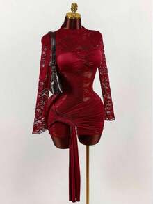 Blusa de encaje para mujer con vestido mini ajustado de tul rojo vintage con cordón en el bajo, estilo bohemio para fiesta - Rosa Roja - Ver 3