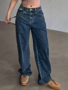 Pantalones vaqueros de pierna ancha con bolsillo en diagonal, pantalones vaqueros anchos - Azul lavado medio 4 - Ver 6