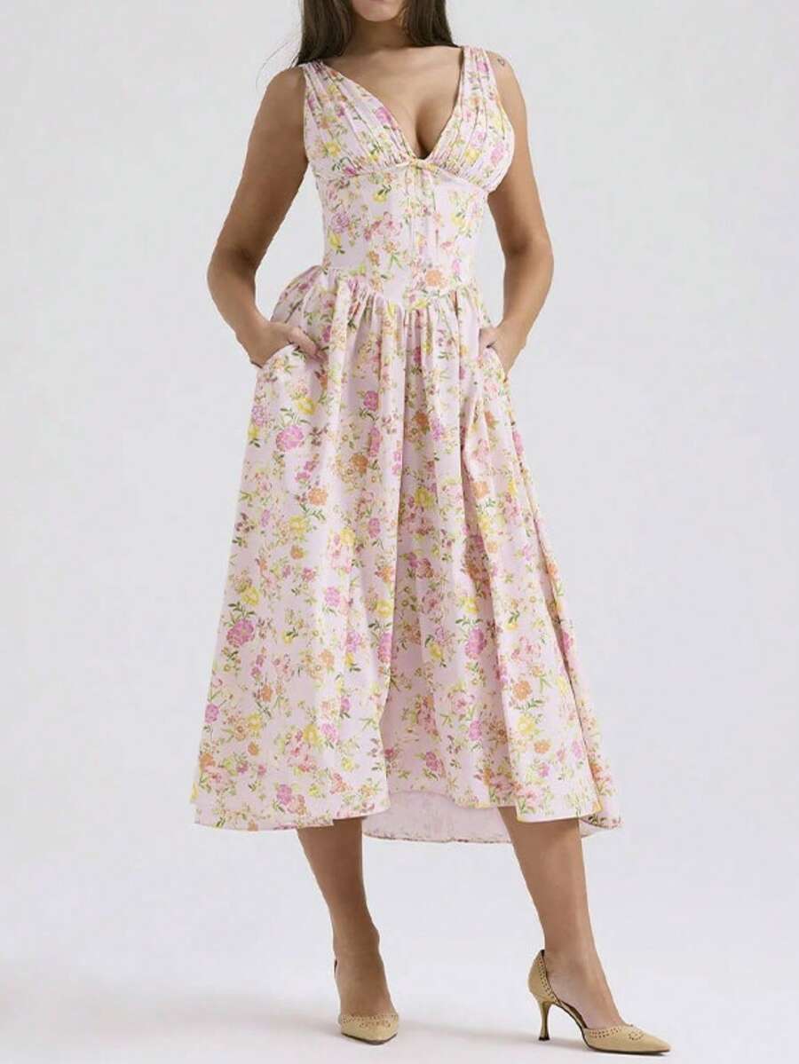 Vestido largo primavera plisado con hombros al descubierto estampado elegante y favorecedor estilo europeo - Rosa - Ver 1