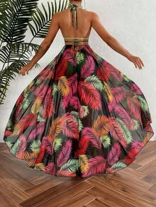 Swim Vcay Kimono de mujer con estampado tropical de plantas, tipo cubrecuerpo con cuello halter - Rosa - Ver 7