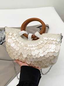 Mala Tote Decorativa com Conchas, Base em Linho, Alça de Corrente Removível, Elegante Mala de Noite e de Praia para Mulher - Damasco - Ver 4