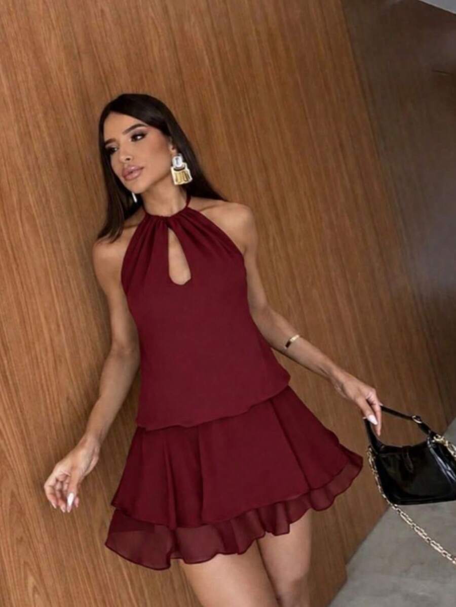 Women's Elegance Noir Glamorous Evening Party Jumpsuit With Halter Neckline In Crepe GGT With Ruffled Hem - 紅木色 - 查看 1