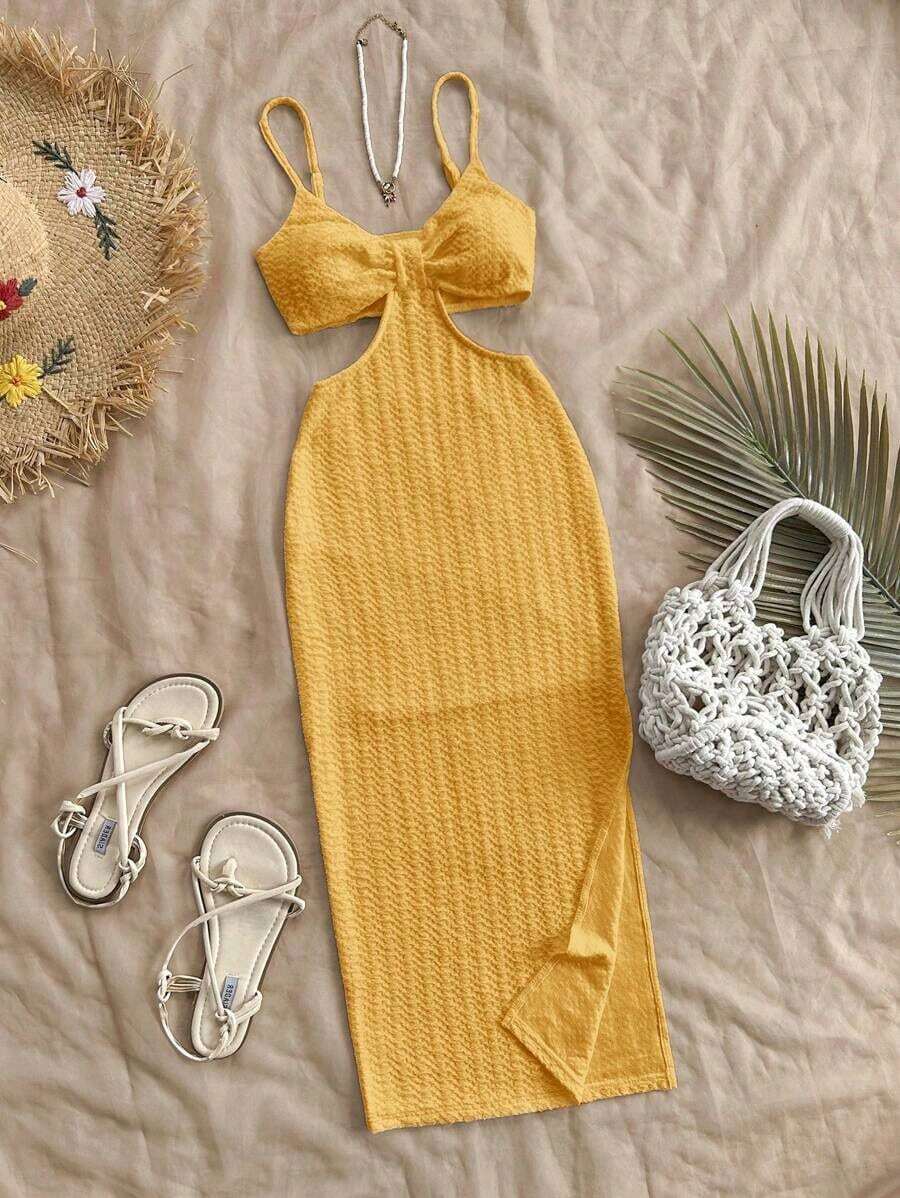 Camiseta de tirantes casual y sexy con recortes en la cintura, de tela con textura para vacaciones - Amarillo - Ver 1