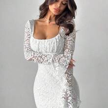 Women's Elegant Minimalist Romantic Charming Commute & Casual Square Neck Lace Ruched Flare Sleeve White Bodycon Midi Dress, Suitable For Valentine's Day,Fall Wedding Guest Dress,Wedding Guest Dress Women - Café - Ver 3