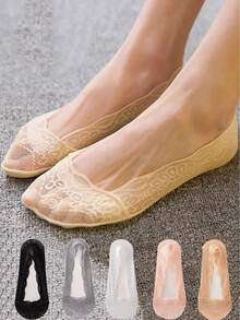 5 pares de calcetines cortos invisibles de encaje floral fino de moda para mujer, calcetines tipo barco con puño antideslizante para verano - Multicolor - Ver 2