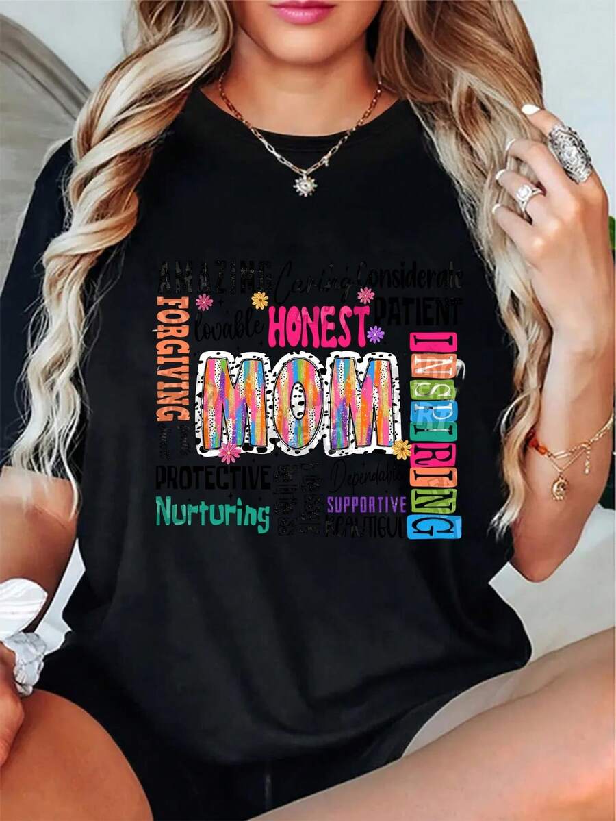 Casual Short-Sleeved Crew Neck T-Shirt, Medium Stretch Fabric, Machine Washable, Comfortable Fit Suitable For All Seasons, Versatile For Casual Daily Wear, Showing A Natural And Elegant Style, A Must-Have For Summer Parties, Local Delivery, The Best Gift For Mother's Day. - 黑色 - 查看 1