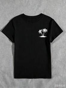 Camiseta de manga corta con cuello redondo y estampado gráfico de palmeras y atardeceres para mujer, azul, adecuada para uso casual, al aire libre, vacaciones, todas las estaciones, verano. - Negro - Ver 3