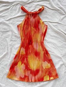 Vestido mini plisado con estampado ombré y cuello halter para mujer, ideal para fiestas, vacaciones, festivales de música, citas de verano, té de la tarde, playa, crucero. Vestido plisado azul, vestido ombré azul, vestido con cuello halter, vestido de vacaciones, vestido de playa, vestido plisado ombré, vestido azul de verano, vestido azul de playa, vestido de vacaciones azul, vestidos plisados, vestido oceánico, vestido azul de verano. - Multicolor - Ver 2