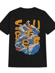 Camiseta gráfica para hombre con estampado de olas de surf y letras relacionadas con el surf - Hecha de tela suave y resistente a las arrugas, esta camiseta casual de cuello redondo es perfecta para la playa y para el surf. - Negro - Ver 1