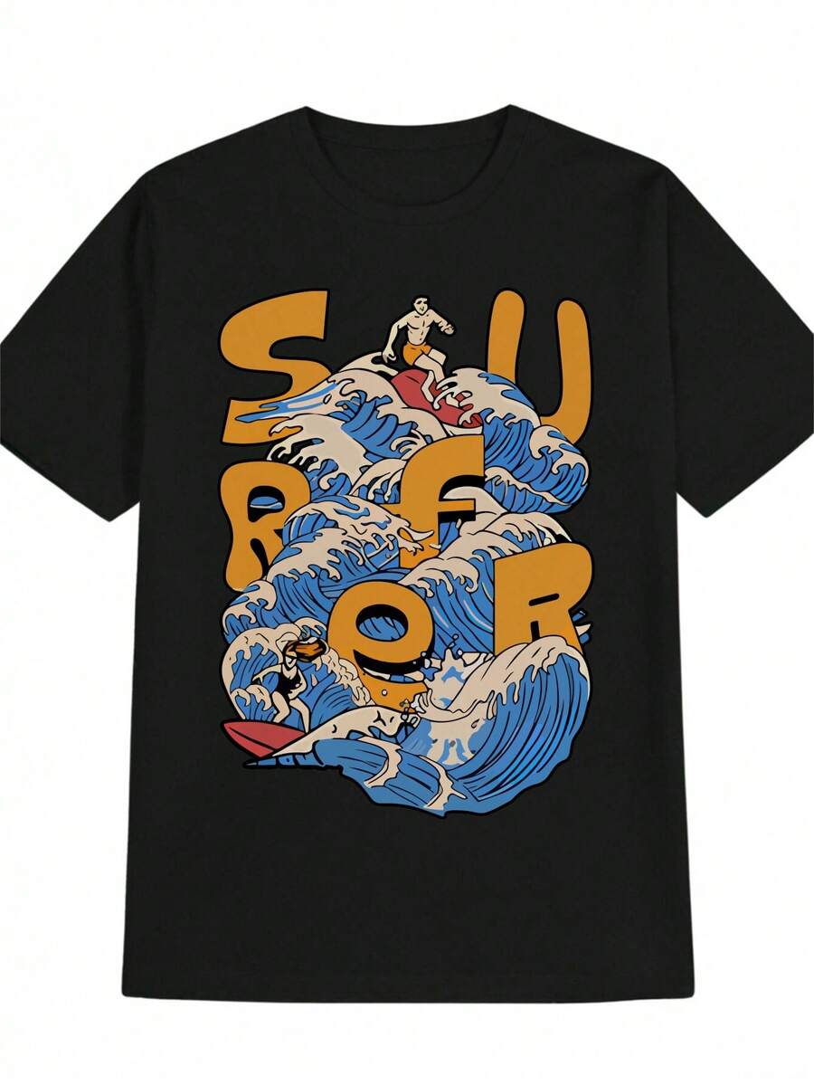 Camiseta gráfica para hombre con estampado de olas de surf y letras relacionadas con el surf - Hecha de tela suave y resistente a las arrugas, esta camiseta casual de cuello redondo es perfecta para la playa y para el surf. - Negro - Ver 1