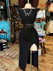 Vestido de fiesta elegante de longitud media con cuello de barco, abertura en el muslo y cintura fruncida de unicolor para mujer - Negro - Ver 3