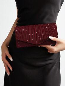 REMANLAND 1pc Elegant Pleated Glossy Women's Handbag, Fashion Luxury Ladies' Evening Clutch Purse, Envelope Style Wristlet With Hidden Card Slots And Compartments, Detachable Metal Chain Strap, Suitable For Party Girls, Brides, Holiday Gifts, Wedding Clutches, Party Bags, Perfect Match For Holiday Party Outfits, Evening Gowns And Sequin Dresses, Ideal For New Year And Other Occasions - Burgundy - View 2