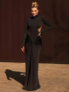 Vestido largo liso cuello alto verano 2025, ajustado elegante con espalda descubierta estilo moda - Negro - Ver 2