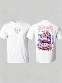 Camiseta Blanca Unisex Algodón Suave Muñeca Gótica Rosa Pentagrama Corazón Estampado Doble Cara Metal Punk - Blanco - Ver 3