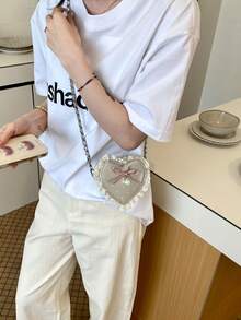 Túi nhỏ hình trái tim dễ thương, túi chấm bi hình bướm đính ngọc trai, túi đeo chéo nhỏ viền ren, túi đựng son môi, ví đựng tiền xu. - Bạc - Xem 4