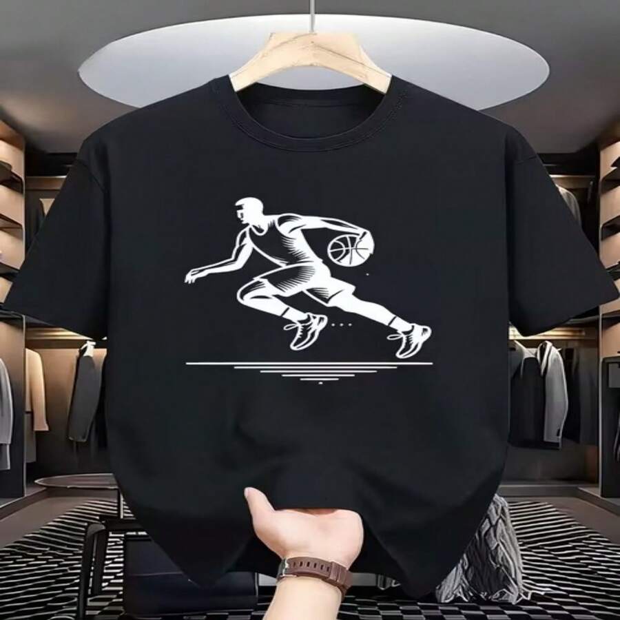 Camiseta informal de algodón de manga corta con estampado de jugador de baloncesto, cuello redondo y corte regular para mujer. - Negro - Ver 1