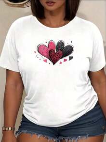 Camiseta de Mujer con Estampado de Tres Corazones|   Mangas cortas, cuello redondo, estilo casual, tela de elasticidad media, adecuado para primavera/verano/otoño, ideal para salidas diarias y vacaciones. - Blanco - Ver 6