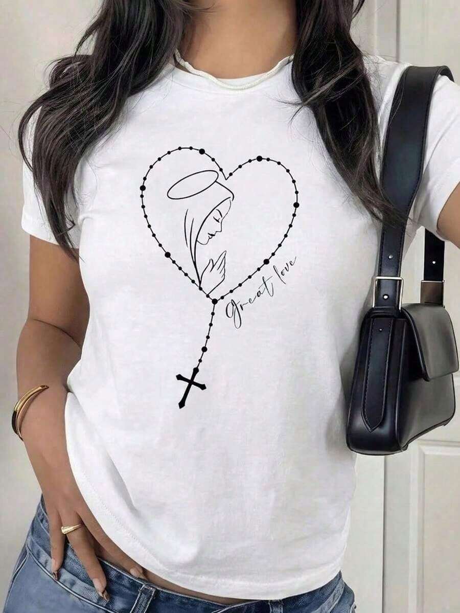 Women's Short-Sleeved T-Shirt, Spring/Summer 2026 – Round Neck Design With A Relaxed Fit And Cartoon Print. Made From Soft, Lightweight Fabric With A Beautiful Drape. Perfect As A Mother's Day Gift. - 白色 - 查看 1