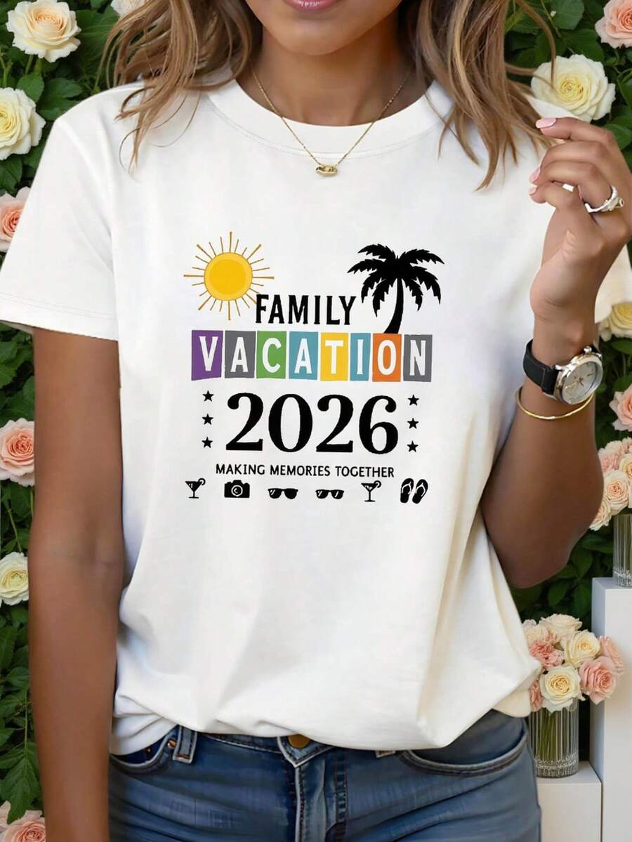 Women's T-Shirts, Women's T-Shirts, Women's Round Neck T-Shirt With "FAMILY HOLIDAY 2026" Text Print For Spring/Summer, Casual Gift For Shopping And Vacation, Outfit For Friends Gatherings. - 1件黑色隨機圖案 - 查看 1