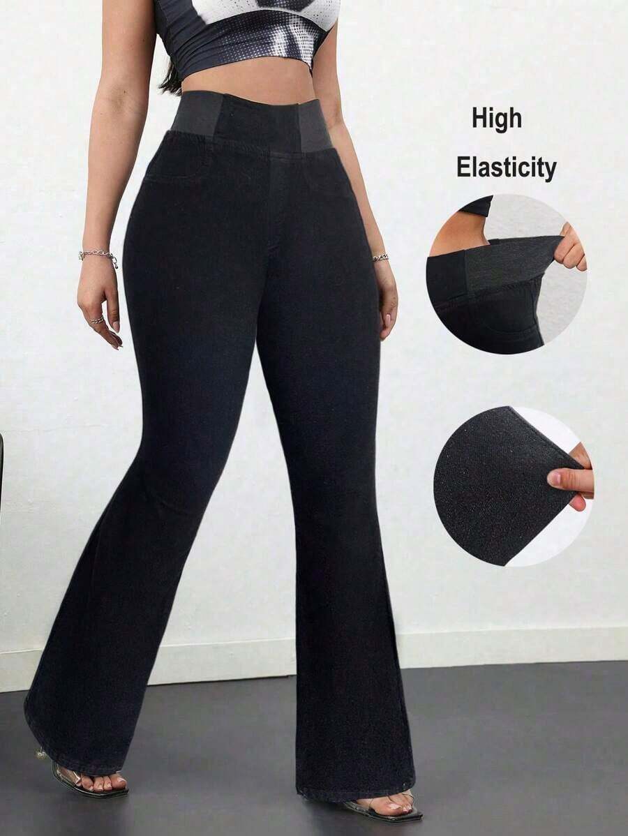 Tall Pantalones vaqueros de mujer casuales, ajustados y elásticos con vuelo, pantalones vaqueros azules ajustados de cintura alta con vuelo para mujeres altas, pantalones vaqueros de verano - Negro - Ver 1