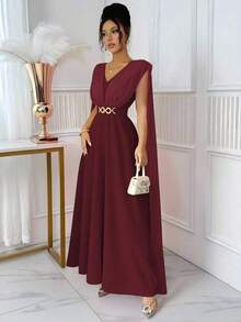 Nuevo vestido ligero con decoración de cinturón de cintura fruncida, diseño de lazo en la espalda, elegante y grácil vestido casual para la temporada de bodas y vacaciones - Burdeos - Ver 3