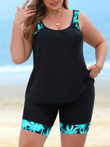 Swim Lushoire Tankini de verano de talla grande de unicolor con parches, sin mangas, minimalista, en parte superior e inferior - Negro 2 - Ver 4