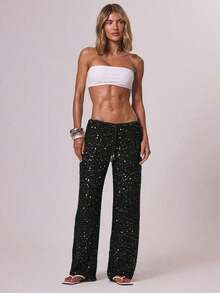 Resort - Pantalones de Ganchillo de Pierna Ancha con Lentejuelas para Mujer, Estilo Boho Ibiza, Elegantes para Vacaciones de Verano en la Playa - Negro - Ver 1