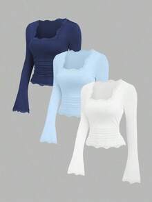 Conjunto de camiseta casual con cuello de encaje y mangas acampanadas estilo vintage francés para mujer, otoño - Multicolor 3 - Ver 9