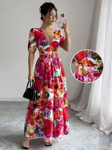 Vestido largo elegante de mujer con estampado - Multicolor - Ver 1