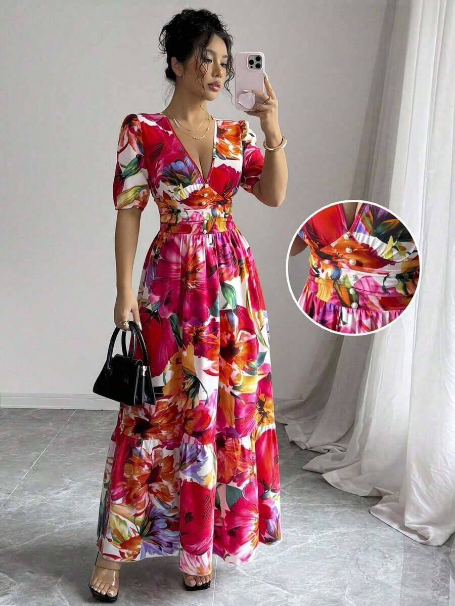 Vestido largo elegante de mujer con estampado - Multicolor - Ver 1