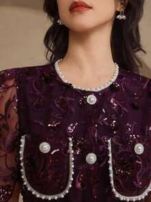 Vestido elegante de encaje de alta calidad con cintura ajustable, bordado, de estilo coreano suave y elegante - Morado - Ver 6