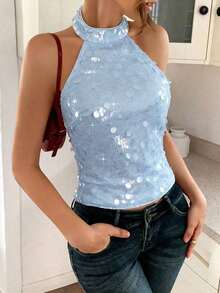 Blusa de mujer con hombros al descubierto y lentejuelas, adecuada para bodas, galas, vuelta al colegio, festivales de música, fiestas del Día de la Madre, vacaciones en la playa - Celeste - Ver 8