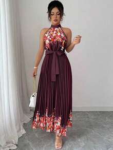 Vestido holgado de verano elegante con estampado floral y cuello halter para mujer - Rojo violeta - Ver 7