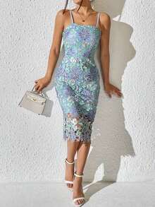 Vestido de tirantes con patrón floral con encaje - Celeste - Ver 6