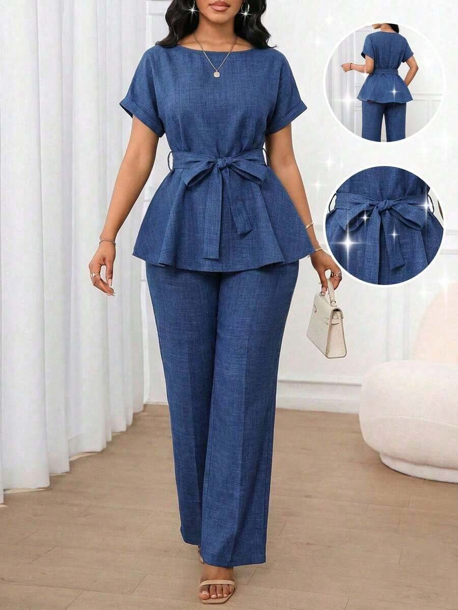 Lady Conjunto de dos piezas de mujer con top de manga corta y pantalones rectos sueltos, de unicolor, tela jacquard casual y elegante, cintura suelta y bajo en A. Apto para usar en primavera, verano y otoño. Atuendos de oficina, de vuelta al colegio, de iglesia, de salida y modestos para el aeropuerto. - Azul - Ver 1