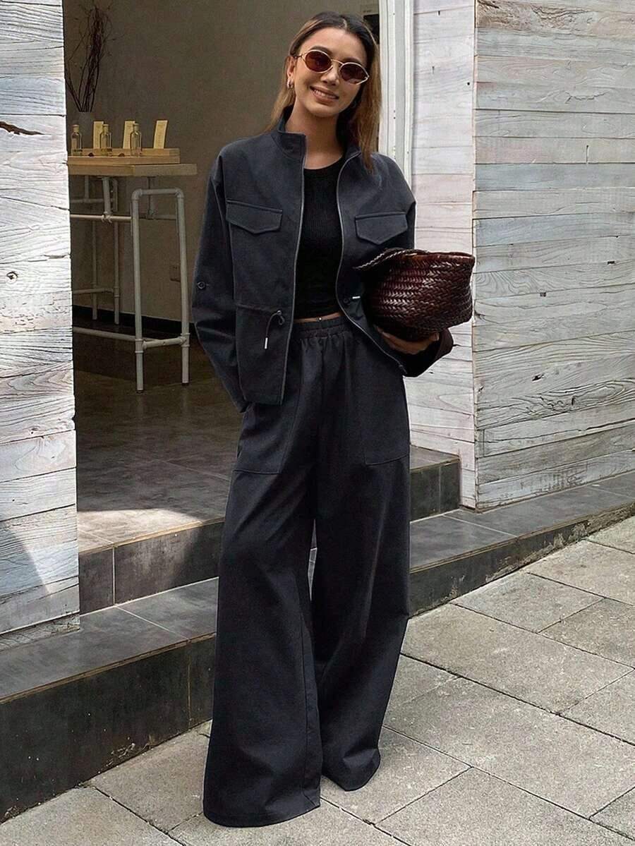 Conjunto de 2 piezas de top holgado de cuello alto y pantalones casuales para mujer, otoño/invierno - Azul marino - Ver 1
