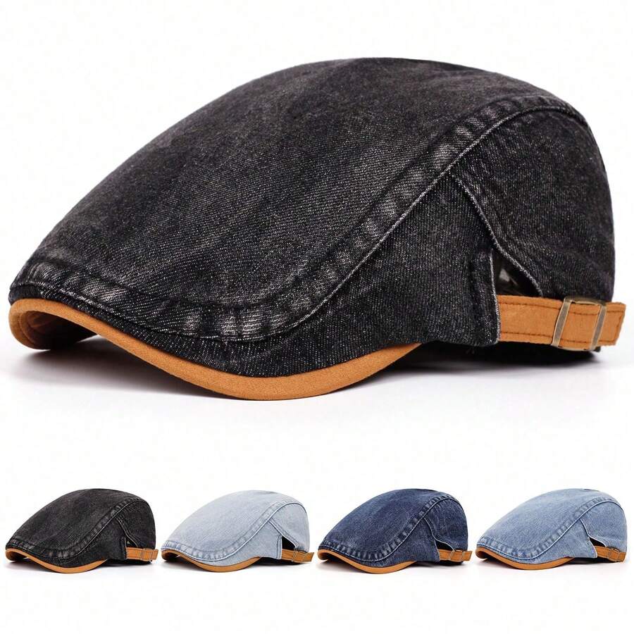 1 chiếc mũ lưỡi trai denim mài, mũ lưỡi trai kiểu Ivy cổ điển, mũ beret vành cong điều chỉnh được với vành tương phản. - A - Xem 1