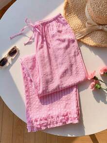 Pantalones a rayas rosas para mujer, vacaciones de verano - Rosa 3 - Ver 4