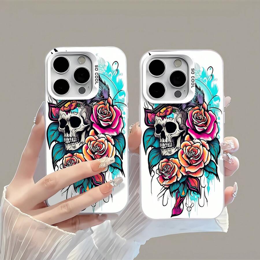 Tatuaje de calavera de cuervo negro y rosas rosasfunda de teléfono Fundas compatibles con ,Apple,VIVO,OPPO,,, y Honor.Fabricadas en silicona TPU,ofrecen protección contra golpes y caídas. - Blanco - Ver 1