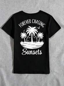 Camiseta de manga corta con cuello redondo y estampado gráfico de palmeras y atardeceres para mujer, azul, adecuada para uso casual, al aire libre, vacaciones, todas las estaciones, verano. - Negro - Ver 4