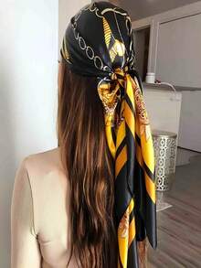 Khăn choàng satin kiểu Bohemian thời trang in họa tiết dây xích dành cho nữ, thích hợp làm khăn trùm đầu che nắng hàng ngày, kiểu dáng thanh lịch. - màu đen - Xem 3